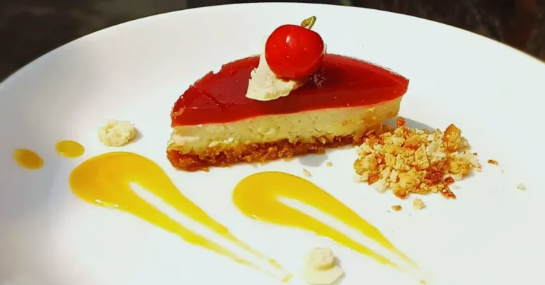 Bhut Jolokia Cheesecake with Mango Sauce and Pomegranate Jelly