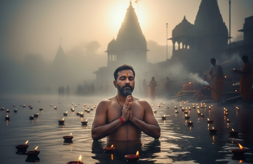 An AI generated image of a person taking a bath in river on the day of Kartik Purnima