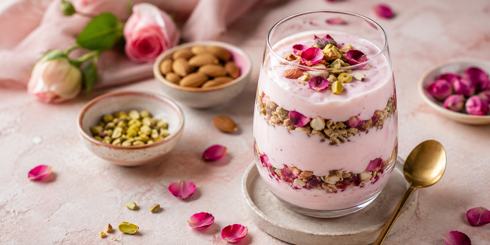 Sweet Dessert Rose Lassi Parfait with Nuts  